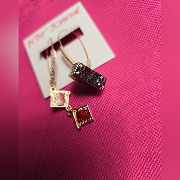 Betsey Johnson Gold-Tone Drop Earrings with Red & Pink Glitter Charms - Picture 7 of 14